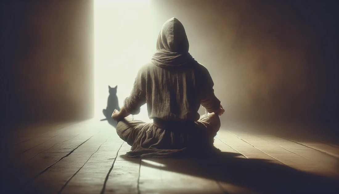 A contemplative scene featuring a person in simple, tattered clothes sitting cross-legged in meditation